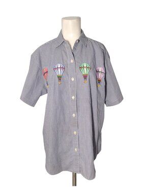 Vintage Embroidered Hot Air Balloon Gingham Check Shirt 8 Button Short Sleeve